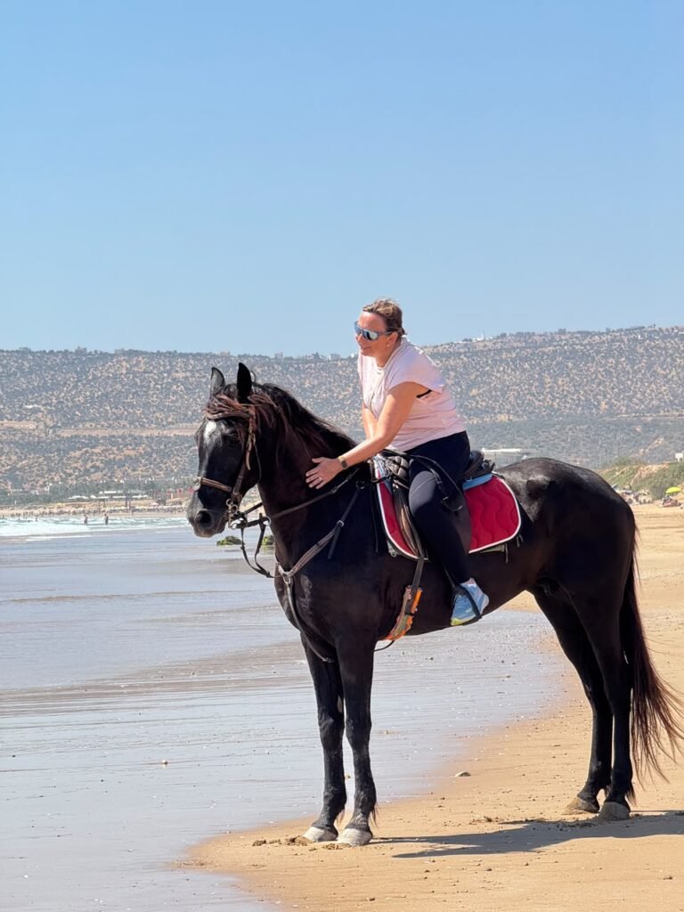 Agadir coastal ride — a rider on a bay horse on the open beach between Aourir and Taghazout